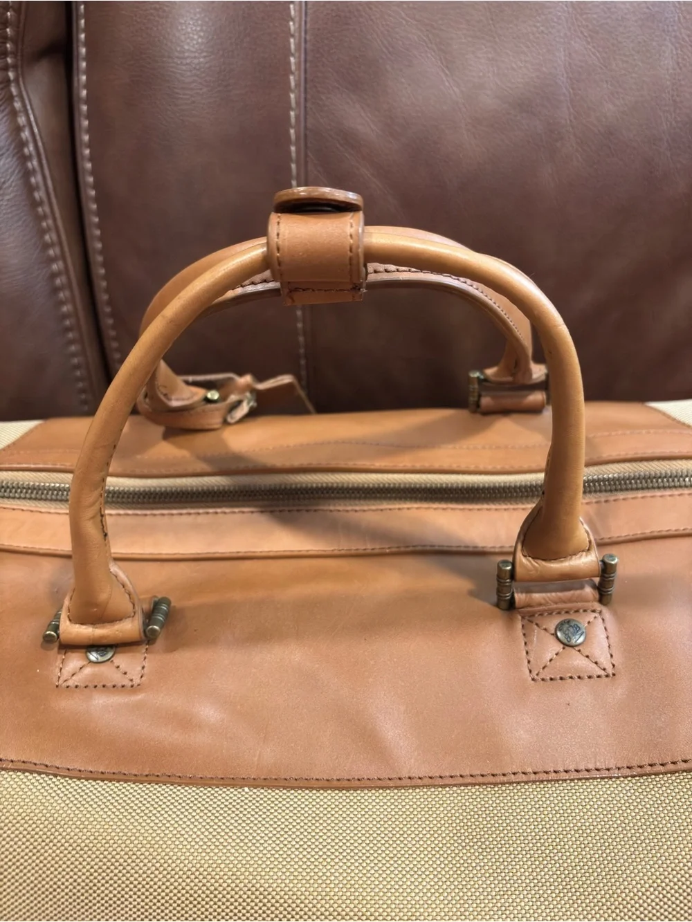Tommy Bahama Tan Canvas & Leather Weekender Bag with Blue Embroidery Travel